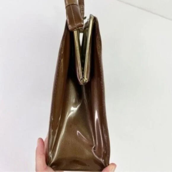 VINTAGE Patent Vinyl Kelly Style Box Purse Top Handle Satchel - Picture 5 of 10